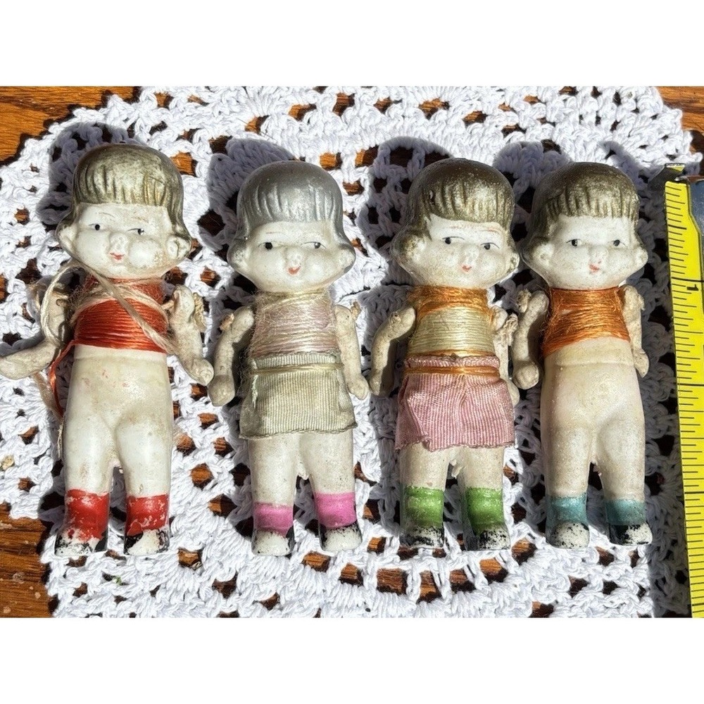 Antique Hinged Bisque Porcelain Dolls 4" Tall Set of 4 Japan Dionne? - Picture 1 of 16